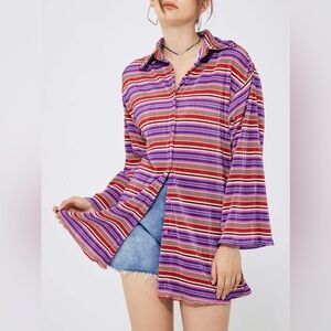 NWT Boutique L Oversized Multicolor Pink Purple Striped Long Sleeve Pleated Top